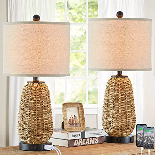 CINSARY Touch Control Rattan Table Lamps, 3 Way Dimmable Bedside Lamps for Bedroom Set of 2 with 2 USB Ports and AC Outlet, Nightstand Lamps for Living Room (LED Bulbs Included), Grass