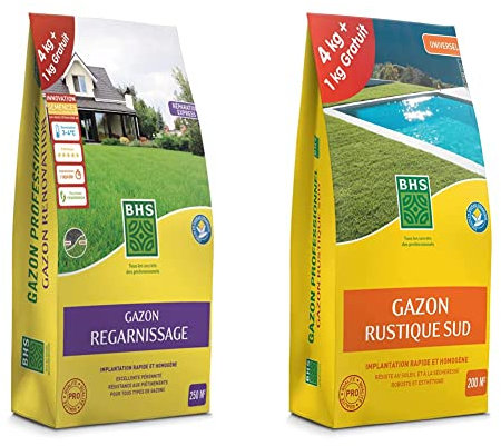 SEMENCES GAZON RENOVATION 5KG & GRSP4 Gazon Rustique Sud 5 kg | Soit 200 m² | Semences Enrichies en Engrais Organique pour Une Implantation Rapide Et Homogène, Fabriqué en France