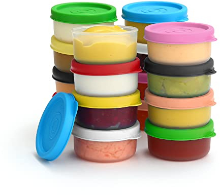 Gewürzbecher mit Deckel, 16 Stück, 37 ml, Salatdressingbehälter für kleine Lebensmittelaufbewahrungsbehälter, auslaufsicher, wiederverwendbar, Kunststoff, BPA-frei, für Lunchbox, Picknick, Reisen