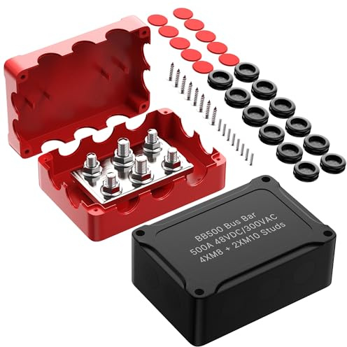 Joinfworld Heavy Duty 500A Bus Bar Waterproof Power Distribution Block with 4 x 5/16+2 x 3/8 Studs 48V DC Automotive Marine Battery Terminal Distribution Block with Cover - Positive&Negative