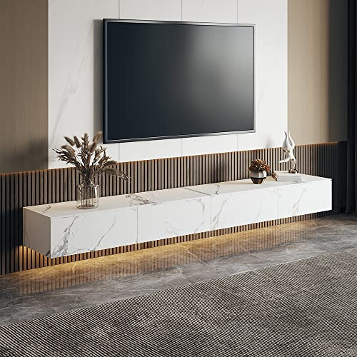 POVISON Modernes TV-Möbel, 220 cm, mit 4 Schubladen, TV-Möbel zum Aufhängen, gesinterter Stein, weiß, TV-Regal mit Aufbewahrung für Wohnzimmer, Keine Montage erforderlich, 220 x 40 x 20 cm