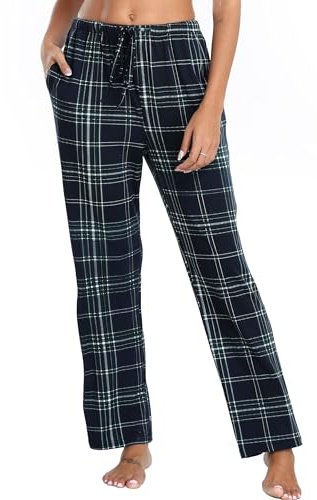 Lovasy Pyjamasbyxor för kvinnor supermjuka damrutiga pyjamasbyxor med fickor, A-grön-g1, XL