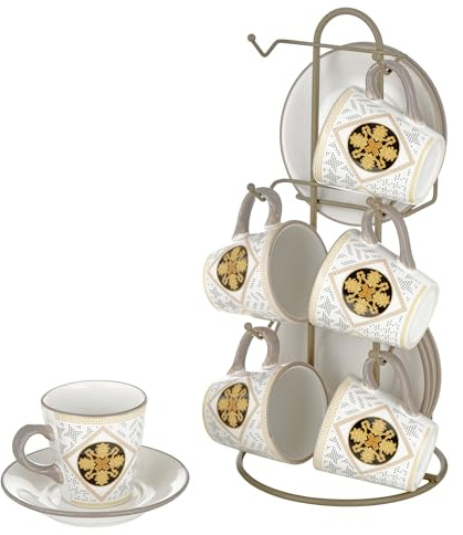 Baroni Home Set di Tazzine Decorate in Ceramica con Piattini e Stand, Accessorio da Cucina Colorato Resistente, Linea Domus, 15x13x29 cm