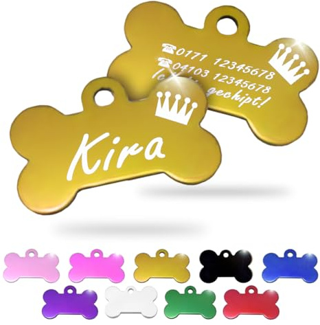 Ibera gifts - Hundemarke mit Gravur und personalisierte Hundemarke in Knochenform für kleine bis mittelgroße Hunde und Katzen (Gold, Krone)