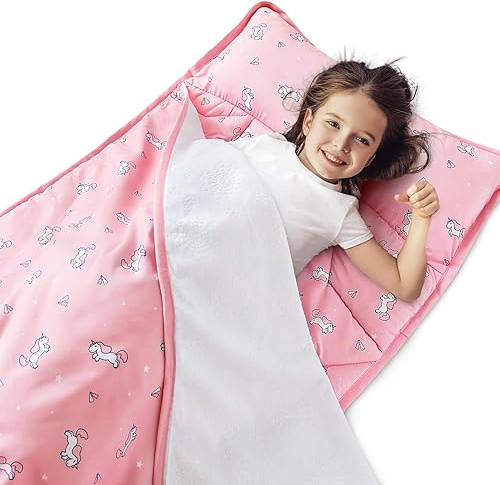 Nap Mat for Toddlers – All-in-One with Pillow & Blanket, Pink Unicorns | Quilted portable roll-up floor mat. Ideal for preschool, daycare & travel. Soft & machine washable. Easy to carry & store.