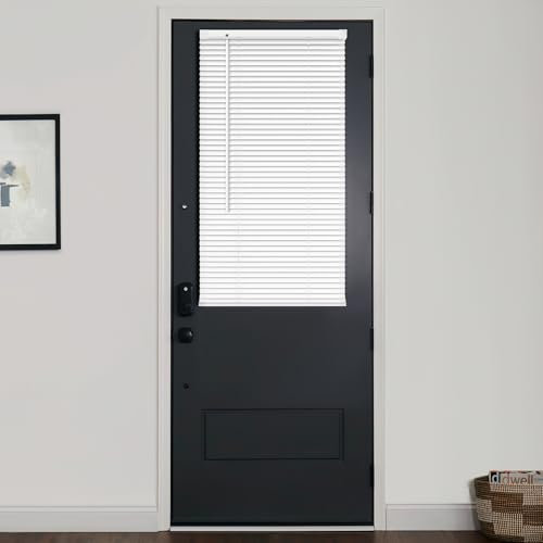 LazBlinds 1 Vinyl Mini Blinds for Doors, Cordless French Door Blinds for Privacy, Light Filtering Privacy Horizontal Shades for Front Door Patio Sidelight Glass Door, 15 3/4 W x 40 H, White