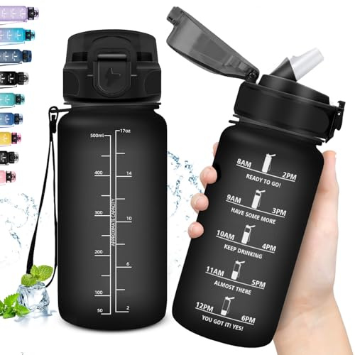 Grsta Trinkflasche, 500ml Trinkflasche Kinder, Flasche mit Strohhalm, Kann mit Dir Tragen, Wasserflasche Auslaufsicher, Wasserflasche Sport für Schule, Fahrrad, Gym, Black, Fahrrad