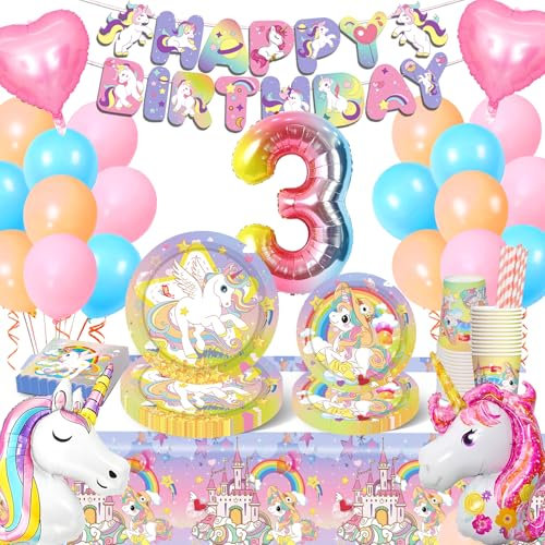 Einhorn Deko Kindergeburtstag, 3 Jahre Einhorn Geburtstagsdeko Mädchen, Partygeschirr Set mit Geburtstag Party Geschirr Luftballons Tassen Servietten Tischdecke für 10 Gäste