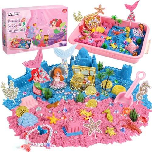 KNASON Mermaid Sensory Bin,Play Sand Art Kit for Girls and Boys with 1KG Sensory Play Colored Sand,Treasure Accessories and Sandbox,Beach Toy Christmas Birthday Present for Kids Ages 3 4 5 6 7 8