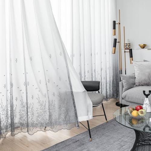 Beydodo Gardinenschals 2er Set mit Schlaufen, Vorhänge Halbtransparent Stickerei mit Zweige Motiv 132x138CM Gardinen Hellgrau Lichtdurchlässig Schiebevorhänge Wohnzimmer Schlafzimmer