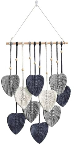 champracer Makramee Wandbehang Boho Deko Makramee Wandteppich Gewebte Wandbehang mit Holzperlen und Blätter Chic Tapisserie Fransengirlande für Schlafzimmer Wohnzimmer Kinderzimmer (Grau)