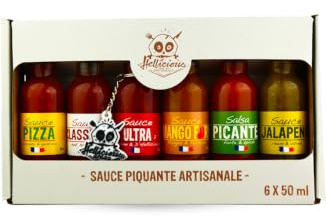 Coffret 6 sauces piquantes artisanales Hellicious – de 8 000 à 1 500 000 sur l’échelle de Scoville – sauce douce et extrême - sauce mangue