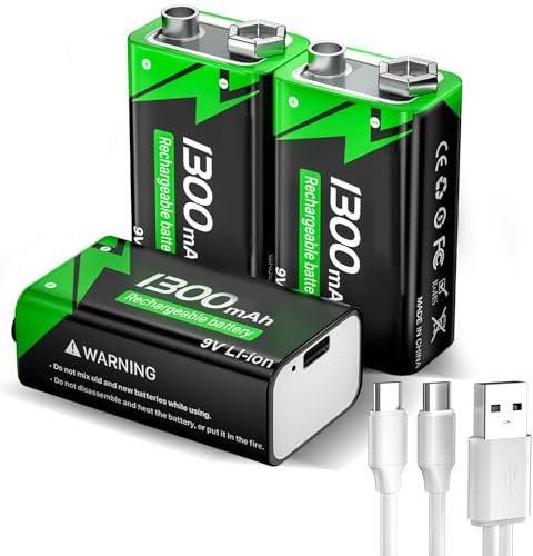Batería recargable de 9 V, 1300 mAh de iones de litio con cable de carga rápida USB-C, ideal para detectores de humo, alarmas, micrófono, multímetro, etc. (3 unidades)