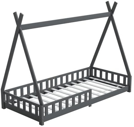 HAGO24 | Kinderbett | 200x90cm Grau | Tipi Bettgestell | Holzhaus | Zeltoptik | Rausfallschutz | Lattenrost | Kiefernholz | Montessori | Spielbett | Natur | dekorierbar