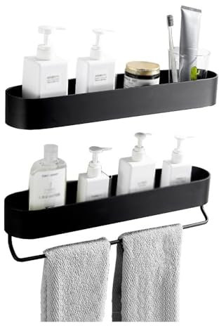 AYCDL Lot De 2 Étagères De Salle De Bain Et De Douche, Organisateurs De Douche Adhésifs avec Barre Porte-Serviettes pour Salle De Bain Et Cuisine, Étagères De Douche Modernes À Bords Ron，38 cm