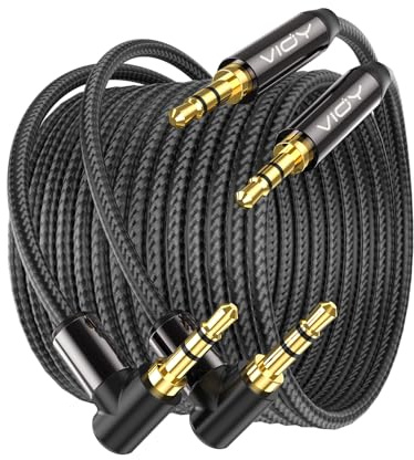 VIOY Aux Cord 2 Pack 6M,3.5mm Male to Male Right Angle Stereo Audio Cable | 90 degree plug for narrow gaps, Hi-Fi lossless sound, nylon braided 3.5 mm TRS cable for car stereo, headphones and speakers