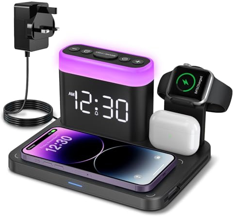 ANJANK Wireless Charging Station with Digital Alarm Clock,5-in-1 Magnetic Wireless Charger Stand,7 Night Lights,Charging Dock for iPhone 17/16/15/14/13/12/Pro/Max/Plus,Apple Watch,AirPods,Bedside&Desk