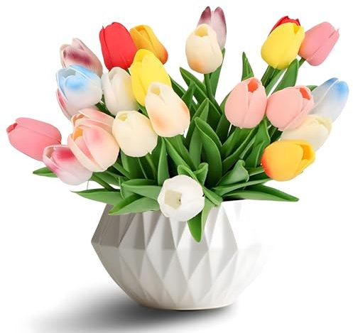 CERICAI Artificial Tulip Fake Flowers - 18 PCS Faux Tulips That Look Real, PU Artificial Flowers in Vase, Real Touch Tulip Bouquet, Multicolor Fake Tulips Real Touch Artificial Flowers (NO VASE)