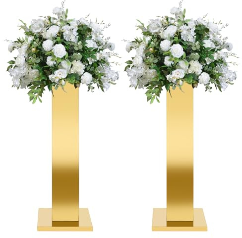 Hafyow 2PCS Tall Gold Vases for Centerpieces,31.5inch Stainless Steel Column Geometric Centerpieces Wedding Flower Stand Flower Floor Vase for Tables Wedding Anniversary Birthday Party Decor