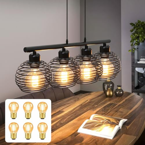 ZMH Pendelleuchte Esstisch Hängelampe Vintage Schwarz mit 6 Leuchtmittel | Esstischlampe Retro Industrial Metall Hängeleuchte E27 Fassung 4 flammig Design Gefedert Pendellampe für Esszimmer