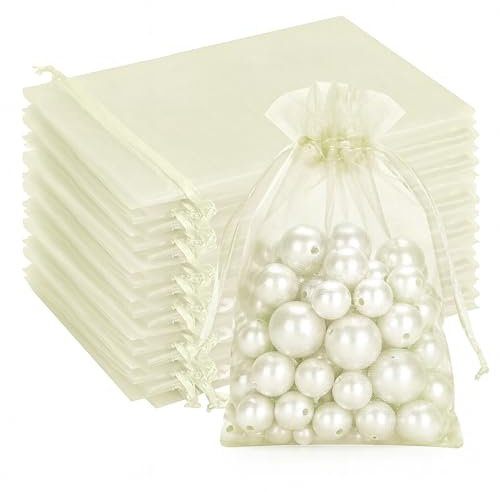 G2PLUS 100PCS Sacs Organza Beige 10x15cm - Pochette Cadeau en Organza,Sachets de Mariage, Bonbons,Lavande,Fêtes - Pochette Cadeau Élégante et Réutilisables