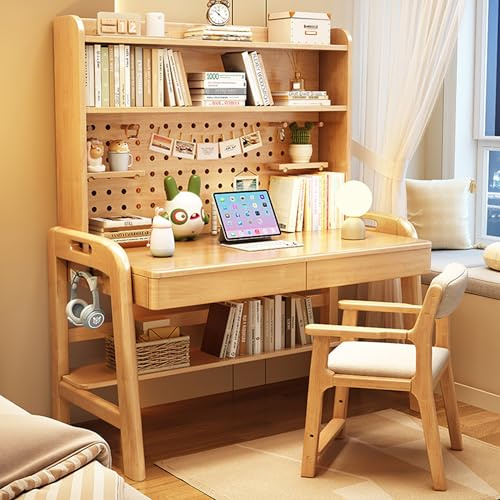 Esspoxi Schreibtisch Aus Massivholz Mit Bücherregal, L-förmiger Computertisch Mit Schublade, Abgerundeten Kanten Und Haken, Für Schlafzimmer, Büro, Gaming, Mehrere Farben(Wood,NO Chair_31.5IN)