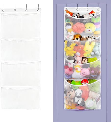 Torchesy Hängeorganizer Kuscheltier aufbewahrung, Stofftier Aufbewahrung mit Stützstange und Metallhaken 4 Lagen organizer tür hängend für Kinderzimmer Wohnzimmer Badezimmer (Oxford-Mesh