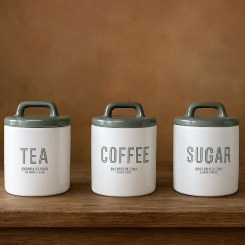 BML White Ceramic Tea Coffee Sugar Canister Set for Kitchen Countertop with Grey Airtight Lids Ideal for Storage and Organization of Dry Ingredients