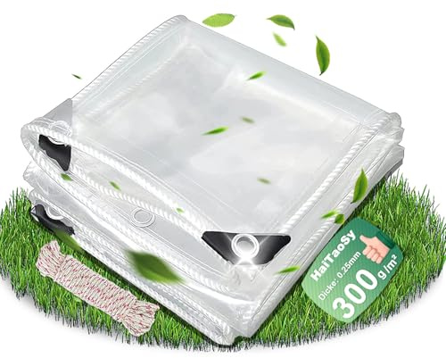 Plane Wasserdicht Transparent mit ösen 2x2m, 300g/m² PVC Material Abdeckplane Wasserdicht, Durchsichtige Plane Für DraußEn, Premium Abdeckplane mit Seil, für Gartenmöbel Pflanzen Pavillon Balkon