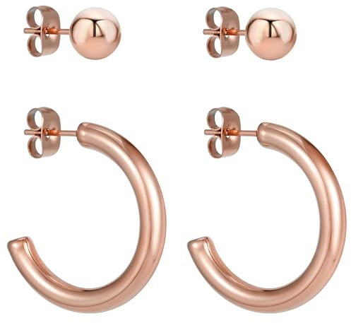 BONNYBIRD® Creolen Rosegold Ohrringe Damen Edelstahl Wasserfest Medizinische Ohrstecker Vergoldet Hypoallergen Chirurgenstahl Nickelfrei Schmuck Set Stecker Goldschmuck Damenohrringe BonnyParis Rose