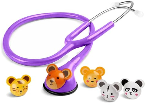 Pulox CSC-10 Kinder Stethoskop mit 5 Tier-Pins Lila | Professionelles Einkopf-Arztstethoskop für Pädiatrie, kindgerechtes Design mit austauschbaren Tiermotiven