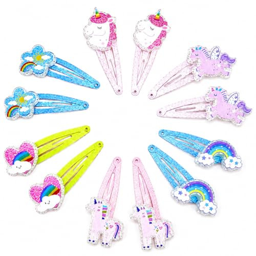 ZORTVUL 12 Pezzi Mollette Capelli Bambina, Mollette Unicorno Arcobaleno Per Bambine, Ideali Per Scuola, Feste, Quotidiano, Morbide E Senza Strappi