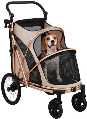 PawHut Carrito para Perros Plegable hasta 20 kg Marrón Claro | Cochecito para Perros Medianos, Ruedas Grandes de Goma, Suspensión y Freno, Ventanas de Malla, Marco de Aluminio, Cojín