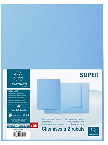 EXACOMPTA Paquet de 50 chemises 2 rabats SUPER 250 24x32cm Bleu clair