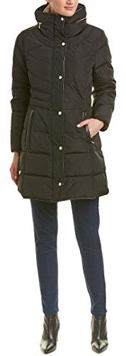 Cole Haan Women's Taffeta Down Coat with Faux Fur Collar, Black, Small