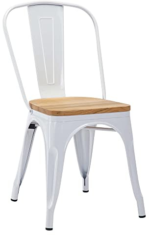 Duhome Metallstuhl Bistrostuhl aus Eisen Esszimmerstuhl mit Rückenlehne, Stapelbare Küchenstühle, Weiß+Naturholz