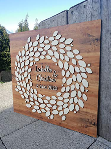 Personalisiertes 3D Gästebuch | 40-180 Blätter | in verschiedenen Größen | komplett aus echtem Holz für alle Anlässe wie Hochzeit, Geburtstg, Jubiläum uvm. (Nussbaum Hell)