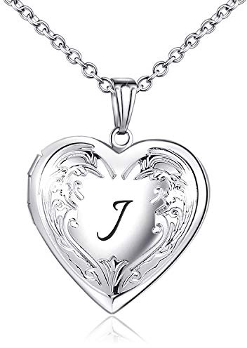 MUERDOU Locket Necklace that Holds Pictures Initial Alphabet Letter Heart Shaped Photo Memory Locket Pendant Necklaces J
