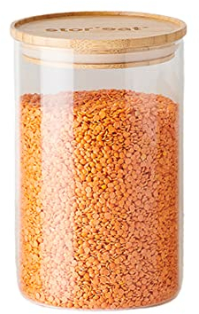 mastrad - Bocal De Stockage - Connecté Stor'Eat - Verre Borosilicate Résistant - Protège de l'Humidité - Couvercle Hermétique - Coloris Bambou - Sans BPA - 1300 ml