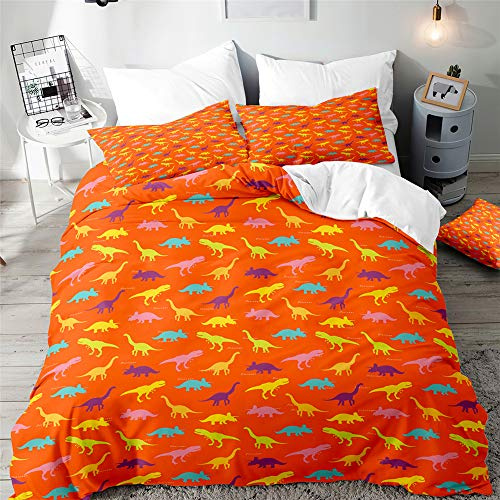 Juego de Ropa de Cama, Morbuy 3D Dinosaurio Impresión Microfibra Juego de Fundas de Edredón Incluye Funda Nórdica y Funda de Almohada para Familiar y Niños (Dinosaurio Naranja,150x200cm)