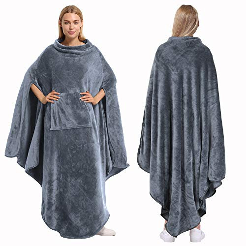 Catalonia Classy Warm Wearable Poncho Blanket, Large Soft Fluffy Blanket, Wrap Throw Cape with Pocket, Cosy Comfort Gifts for Adult Women Men, Grey