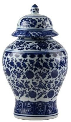 Fine Asianliving Pot à Gingembre Chinois Porcelaine Lotus Bleu Blanc D15xH20cm Chinois Vase avec Couvercle Asiatique Jingdezhen Mandarin Décorative