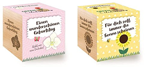 Feel Green 296572 Celebrations Ecocube, Orchideenbaum, Holzwürfel Mit Lasergravur «Einen Wunderschönen Geburtstag», Nachhaltige Geschenkidee, Anzuchtset & Celebrations Ecocube, Sonnenblume Bio Samen