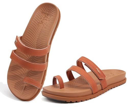 KuaiLu Womens Slides Sandals With Arch Support Comfort Plantar Fasciitis Yoga Mat Cushion Sandals Fashion Summer Beach Walking Adjustable Ladies Flat Orthopedic Slip On Sandles Tan Size 7
