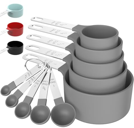 Set di misurini e cucchiai, tazze e cucchiai impilabili | Tazze di misura con manico in acciaio inox, gadget da cucina per cucinare e cuocere (grigio)