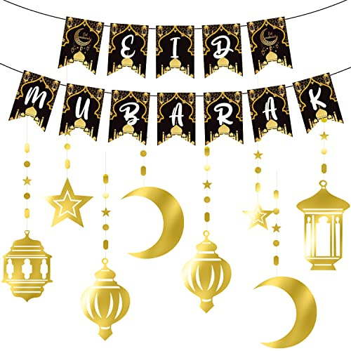 Eid Deko, Eid Mubarak Banner Gold Stern Mond Ramadan Dekorationen, EID Mubarak Deko für Eid Festival Party Dekoration, Ramadan Kareem Dekoration