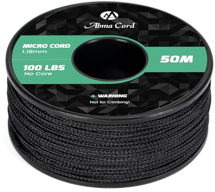 Abma Cord Micro Cord 1,18 mm Paracord 50M Spule Micro Schnur Polyester Micro Seil - Max. 45kg (100lbs) - Schwarz