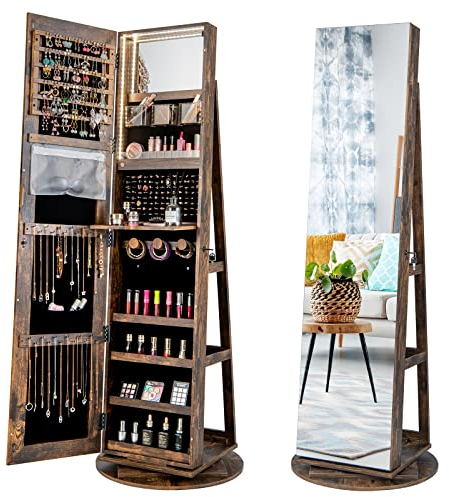 COSTWAY Smyckesskåp med LED, spegelskåp, roterbart 360°, med ramlös helkroppsspegel, smyckesorganisatör, låsbart smyckesförvaring (vintage)