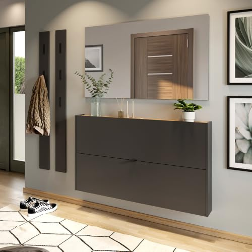 Lomadox Garderobe Flurgarderobe schmal in grau mit Eiche modern 4-teilig mit 2 Garderobenpaneelen, 1 Schuhschrank, 1 Spiegel