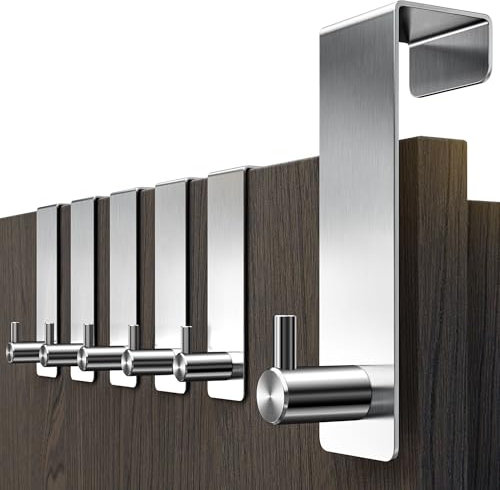 Menz Türhaken - 6 Stück Edelstahl Türhaken zum Einhängen, stabile Kleiderhaken Tür, Haken zum Einhängen als flexible Türgarderobe, Türhakenleiste